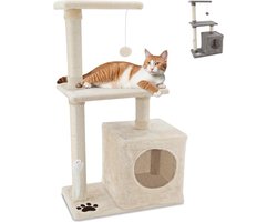 Krabpaal Beige 85 cm Hoog met Mand, Speeltjes en Krabpalen voor Katten