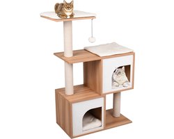 Krabpaal – Flamingo Dana Beige & Ecru & Naturel & Wit – 74x35x107 cm – luxe krabpaal met ligplateaus, schuilplaatsen & speeltje – kattenboom met afneembare kussens – antislip rubber voetjes