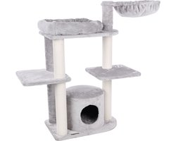 Krabpaal – Flamingo Fenway Grijs – 119x42,5x104 cm – krabpaal met hangmat, mand & schuilhuisje – kattenmeubel met katoenen krabtouw & pluche bekleding – stevige kattenboom