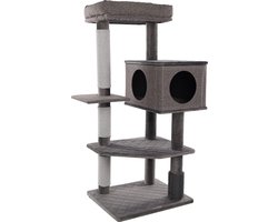 Krabpaal – Flamingo Fulgur Grijs – 76x58x125 cm – luxe krabpaal met schuilplaats, mand & massageborstel – kattenmeubel met krabtouw & kussen – voor alle kattenrassen
