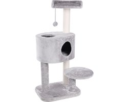 Krabpaal – Flamingo Gatsby Grijs – 65x62,5x109 cm – luxe kattenkrabpaal met gewatteerde ligplaatsen & schuilhuisje – kattenmeubel met katoenen krabtouw & speeltje – stijlvolle kattenboom