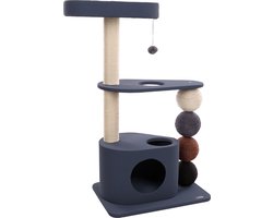 Krabpaal – Flamingo Horacio Blauw – 76x44x107,5 cm – stevige krabpaal met gewatteerde ligplaatsen & schuilhuisje – kattenmeubel met sisal krabtouw & speeltje – luxe kattenboom voor alle rassen