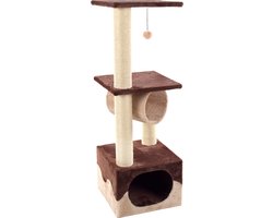 Krabpaal – Flamingo Kangri 5 Bruin & Beige – 35x35x102 cm – krabpaal met tunnel, huisje & ligplateaus – krabmeubel met speeltje – kattenboom voor alle kattenrassen