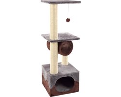 Krabpaal: Krabpaal &ndash; Flamingo Kangri 5 Grijs & Bruin &ndash; 35 &times; 35 &times; 102 cm &ndash; sisal krabpaal &ndash; met tunnel, huisje & ligplateaus &ndash; voor katten