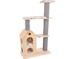 Krabpaal – Flamingo PREMIUM LINE Casandra – 96x40x135 cm – luxe houten krabpaal met ligplateaus & schuilhuisje – krabmeubel met sisal krabmat & wasbare kussens – design kattenboom