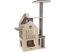 Krabpaal – Flamingo PREMIUM LINE Kaisa – 82x38x114 cm – kattenkrabpaal met ligplateaus, schuilplaats & speeltje – kattenmeubel met papieren krabtouw & sisal krabmat – stijlvolle kattenboom voor alle kattenrassen