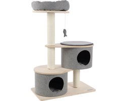 Krabpaal – Flamingo PREMIUM LINE Kanzo – 74x40x102 cm – luxe kattenkrabpaal met ligplateaus, mand & schuilplaatsen – kattenmeubel met papieren krabtouw & speeltje – stijlvolle kattenboom voor alle kattenrassen