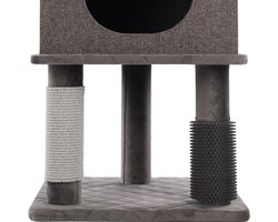 Krabpaal – Flamingo Teor Grijs – 55x58x142 cm – luxe krabpaal met mand, schuilplaats & massageborstel – kattenmeubel met krabtouw & speeltje – voor alle kattenrassen