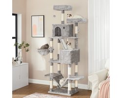 Krabpaal groot, 154 cm hoog, XXL kattenboom,2 platforms, mand, hangmat, pluche ballen, meerlaagse kattenkrabpaal, lichtgrijs