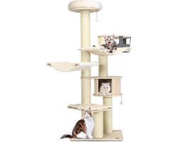 Krabpaal Groot - Kattenboom Klimhuis - Katten Verrijken - 197cm Hoog Ontwerp - 75x56x197cm - Crème-wit