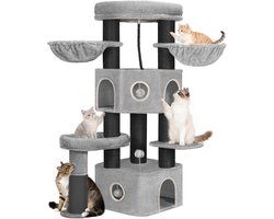 Krabpaal: Krabpaal Groot - Kattenkrabpaal Klimpaal - Katten Spelen - Meerdere Plateau's - 163 cm - Lichtgrijs