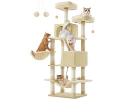 Krabpaal Grote 168 cm Hoge L Krabpaal met 13 Krabpalen, 2 Platformen, 2 Grotten, Mand, Hangmat, Pluche Ballen, Meerlaagse Krabpaal, Beige