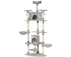 Krabpaal grote katten XXL 200 cm lichtgrijs stabiele klimboom met hangmat en kattenhuis
