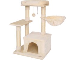 Krabpaal: Krabpaal hoogte 85 cm pluche bal ligkom sisal gezellige ligplek hol wandbevestiging - geschikt voor kleine grote katten beige