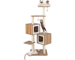 Krabpaal Hout 163 cm 6 Verdiepingen Grote Kattenboom Kattenkrabpaal Klimboom Beige + Natuur