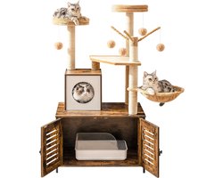 Krabpaal Hout 70x48x132 cm - 2in1 - Kattenboom voor Kleine & Grote Katten - Opslag Plek voor Kattenbak - Kattentoren met Kat Speelgoed - met Pluche Manden - Vintagebruin