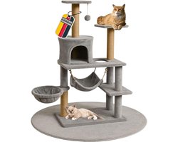 Krabpaal Hout - Kattentoren Klimboom - Spelen Rusten Klimmen - Met Slaaphol Hangmatten - 135 cm Hoog - Grijs