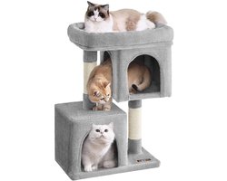 Krabpaal – Hout – Lichtgrijs – Groot zitvlak met twee kattenholletjes en krabpaal