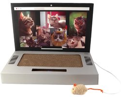 Krabpaal: Krabpaal in de vorm van een laptop met pluche muis van karton - Duurzaam, opvouwbaar en ruimtebesparend ontwerp voor katten