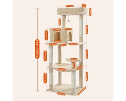 Krabpaal - Kattenboom - Katten Klimmuur - Sisal Krabpalen - Arbre a Chat - Hangmat - Kattenhuisje - 45x55x143cm - Beige