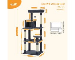 Krabpaal - Kattenboom - Katten Klimmuur - Sisal Krabpalen - Arbre a Chat - Hangmat - Kattenhuisje - 45x55x143cm - Donkergrijs