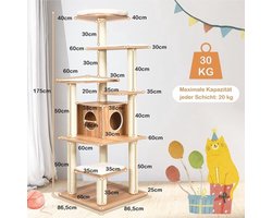 Krabpaal – Kattenboom – Kattenhuis – Krabmeubel – Kattenklimpaal – Multi-level ontwerp – Zachte pluche bekleding – 179 cm hoog – Sisal krabpalen – Beige