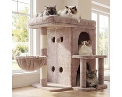 Krabpaal: Krabpaal Kattenboom - Kattenmeubel Sisal - Ontspanning en Spel - Dubbel Luxe Huisje - 65 cm Hoog - Bruin Beige