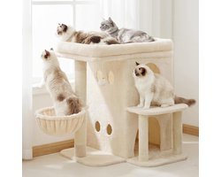 Krabpaal: Krabpaal Kattenboom - Kattenmeubel Sisal - Ontspanning Spel - Dubbel Luxe Huisje - 65 cm Hoog - Beige