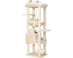 Krabpaal: Krabpaal Kattenboom - Klimmeubel Speelstation - Spelen en Ontspannen - Verstevigde Stabiele Basis - 50 x 50 x 153cm - Beige