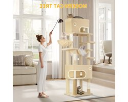 Krabpaal – Kattenboom – Klimpaal – Speelpaal – Rustplek – Beige Kleur – 203 cm Hoogte – 2 Grote Holletjes & 7 Sisal Krabpalen