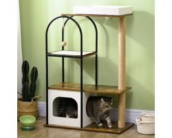 Krabpaal – Kattenboom – Krabmeubel – Kattenhuis – Kattentoren – 4 Verdiepingen – Speelbal – Valbeveiliging – 80x40x118,5 cm – Bruin/Wit