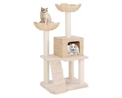 Krabpaal – Kattenboom – Krabmeubel – Kattenmand – Krabton – Natuurlijk Hout – 122 cm Hoog – 4 Niveaus Met Sisal Krabpalen