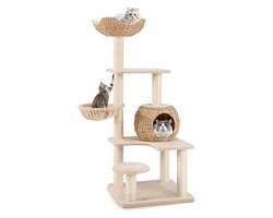 Krabpaal – Kattenboom – Krabmeubel – Kattentoren – Kattenhuis – 4 Niveaus Met Hol, Hangmat & Sisal Krabpalen – Natuurlijk Beukenhout 60x60x150 cm