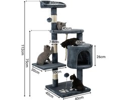 krabpaal - Kattenboom - met 2 pluche ballen & speeltouw - 112 cm - kleine & grote - grijs - comfortabele