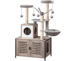 Krabpaal, Kattenboom met Kattenbak, 2-in-1 Moderne Kattentoren, Krabpalen, Baars, Wasbare Kussens, Grijs Beige
