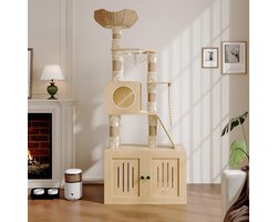 Krabpaal - Kattenboom met verborgen kattenbakmeubel - 3-in-1 krabpaal met hangmat, speelstokken & ligplek - houtlook - Rustic Brown - 70x45x170CM