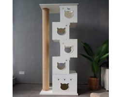 Krabpaal – Kattenkrabmeubel – Kattenklimtoren – Kattenboom – Kattenspeelmeubel – Wit Houtdesign – 200 cm Natuurlijk Sisal