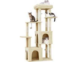 Krabpaal - Kattenkrabpaal 155 cm voor grote katten & Maine Coon - Meerniveaus klimboom met XL ligplateau, 2 ruime kattenhuisjes, 7 sisal krabpalen & speeltjes - beige -72x45x155CM