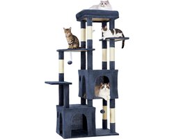 Krabpaal - Kattenkrabpaal 155 cm voor grote katten & Maine Coon - Meerniveaus klimboom met XL ligplateau, 2 ruime kattenhuisjes, 7 sisal krabpalen & speeltjes - Blauw -72x45x155CM