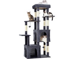 Krabpaal - Kattenkrabpaal 155 cm voor grote katten & Maine Coon - Meerniveaus klimboom met XL ligplateau, 2 ruime kattenhuisjes, 7 sisal krabpalen & speeltjes - donkergrijs -72x45x155CM