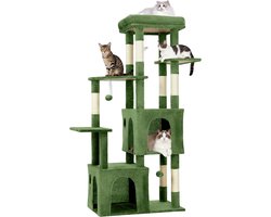 Krabpaal - Kattenkrabpaal 155 cm voor grote katten & Maine Coon - Meerniveaus klimboom met XL ligplateau, 2 ruime kattenhuisjes, 7 sisal krabpalen & speeltjes - Groen -72x45x155CM
