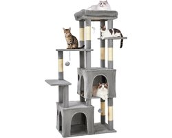 Krabpaal - Kattenkrabpaal 155 cm voor grote katten & Maine Coon - Meerniveaus klimboom met XL ligplateau, 2 ruime kattenhuisjes, 7 sisal krabpalen & speeltjes - lichtgrijs -72x45x155CM