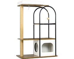 Krabpaal – Kattenkrabpaal – Kattenboom – Kattenhuis – Krabmeubel – 4 Verdiepingen – Speelbal en Kippbescherming – 80 x 40 x 118,5 cm – Bruin/Wit