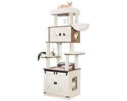 Krabpaal – Kattenkrabpaal – Kattenboom – Kattenmeubel – Kattenhuis – 173 cm Hoog – Met Kattenbakkast en Voerplek – Stevig Gelamineerd Hout & Afneembare Wasbare Kussens