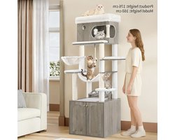 Krabpaal – Kattenkrabpaal – Kattenboom – Kattenmeubel – Krabton – Extra Groot – Met Kattenbakkast en Voerplek – 176 cm Hoog en Wasbare Kussens