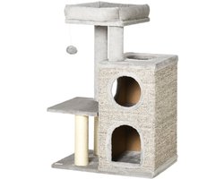 Krabpaal – Kattenkrabpaal – Kattenboom – Krabmeubel – Kattenhuis – Met Kattenhol En Speelbal – 91 cm Hoog – Lichtgrijs Met Natuurlijke Kleuren