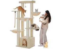 Krabpaal - Kattenkrabpaal - Krabton - Kattenboom - Krabpalen - Kattenhuis - met Meerdere Verdiepingen, Hangmat en 11 Sisalpalen - Ideaal voor Grote Katten - Beige