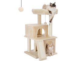 Krabpaal kattenmeubel met sisaltouw pluche ligbed speelhuisje met holletjes speelgoed voor katten beige