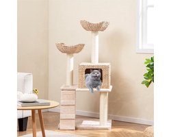 Krabpaal – Kattenpaal – Klimpaal – Krabmeubel – Krabton – Multilevel Klim- en Speelpaal – Sisal Krabpalen – Handgeweven Rattan Met Kussen – Beige – 122 Cm Hoog