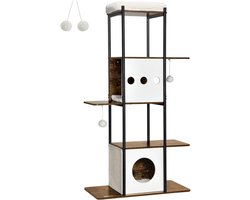 Krabpaal - Kattentoren - met Krabmat - Groot Platform - Perfect voor Een Dutje Doen - Sporten - Spelen - Spaanplaat - Zacht pluche - 80 x 40 x 153 cm - Bruin/Wit